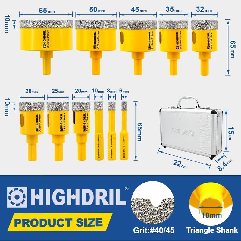 HIGHDRIL 11Pcs Diamond Hole Saw Kit - 1/4", 5/16", 3/8", 4/5", 1", 1-1/8", 1-1/4", 1-3/8", 1-3/4", 2", 2-1/2" Drill Bits for Tile Porcelain Ceramic Granite Marble - Image 2